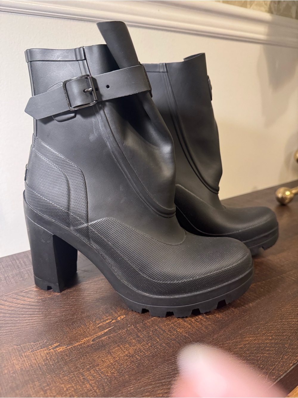 Hunter Black Chunky-Heel Waterproof Ankle Booties with Buckle